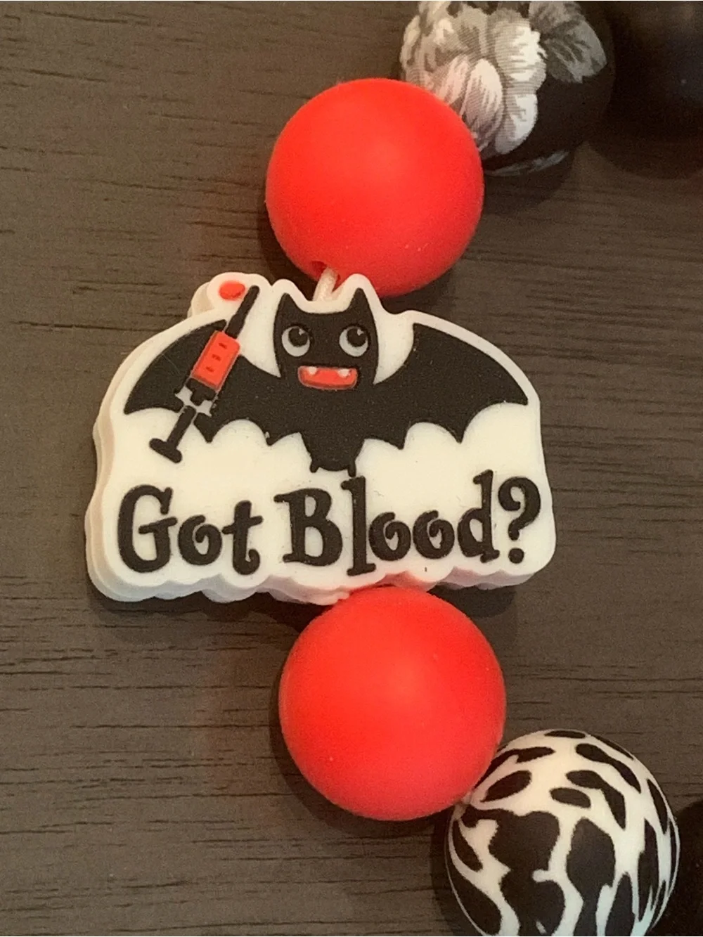 🌸 Got Blood? Black White Red Silicone Beaded Keychain Vampire Bat Bracelet